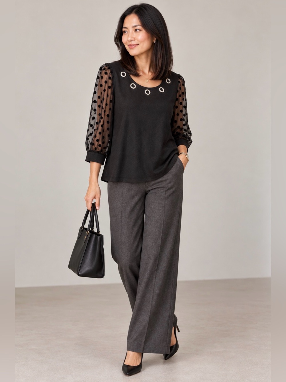 89th + Madison Black Top Rhinestone Grommet Sheer Polka Dot Sleeves M/M